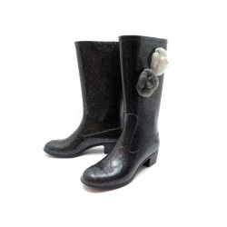 CHAUSSURES CHANEL CAMELIA 37 BOTTES A TALONS CAOUTCHOUC NOIR BLACK BOOTS 1310€