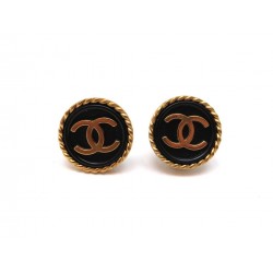 VINTAGE BOUCLES OREILLES CHANEL DORE ET NOIR LOGO CC 