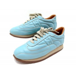 CHAUSSURES HERMES QUICK 36.5 BASKETS CUIR BLEU BLUE LEATHER SNEAKERS SHOES 670€