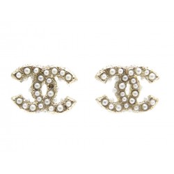 NEUF BOUCLES D'OREILLES CHANEL LOGO CC PERLES METAL DORE + BOITE EARRINGS 320€