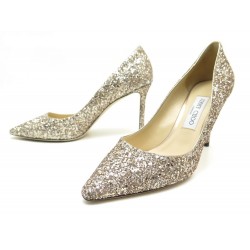 NEUF CHAUSSURES JIMMY CHOO ESCARPINS ROMY 85 39 DORE + BOITE GLITTER SHOES 550€