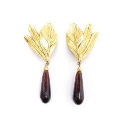 VINTAGE BOUCLES D'OREILLES CHRISTIAN DIOR PENDANTES FEUILLES AMBRE EARRINGS 450€