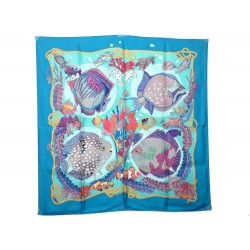 FOULARD HERMES GRANDS FONDS FAIVRE CARRE SOIE BLEU POISSON MARIN 