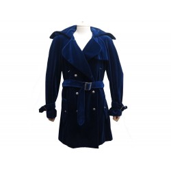 MANTEAU LONG CHANEL BOUTONS TETE DE LION P33903 VELOURS DE COTON BLEU COAT 6500€