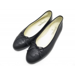 NEUF CHAUSSURES CHANEL LOGO CC A02819 41 BALLERINES EN CUIR NOIR FLAT SHOES 590€