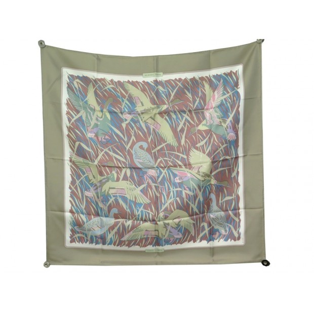 FOULARD HERMES COLS VERT SOIE TAUPE 