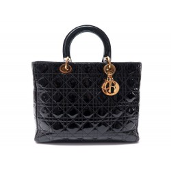 SAC A MAIN CHRISTIAN DIOR LADY GM LARGE CUIR CANNAGE VERNIS NOIR HAND BAG 3900€