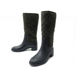 NEUF BOTTES DE PLUIE CHANEL 37 CAOUTCHOUC & DAIM MATELASSE FOURREES BOOTS 1310€