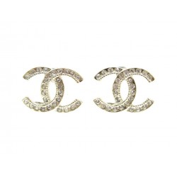 NEUF BOUCLES D'OREILLES CHANEL LOGO CC STRASS A88429 EN METAL DORE EARRINGS 320€