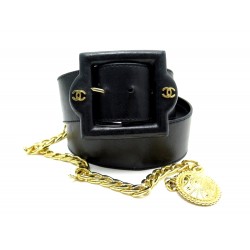 VINTAGE CEINTURE CHANEL LARGE T80 EN CUIR NOIR LOGO CC MEDAILLON BLACK BELT 790€