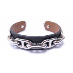 BRACELET HERMES MAILLONS CHAINE D'ANCRE EN CUIR NOIR ACIER PALLADIE BANGLE 555€