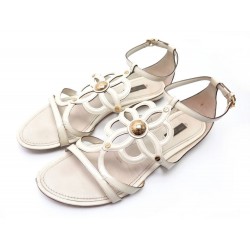 CHAUSSURES LOUIS VUITTON GLOSS FLAT ANKLE STRAP 40 SANDALE CUIR VERNI BEIGE 840€