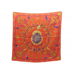 FOULARD HERMES LES CLES PAR CATHY LATHAM CARRE 90 EN SOIE ORANGE SILK SCARF 375€