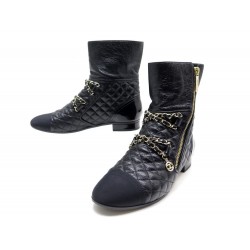 CHAUSSURES CHANEL BOTTINES G34024 38 EN CUIR MATELASSE CHAINE NOIR SHOES 1470€