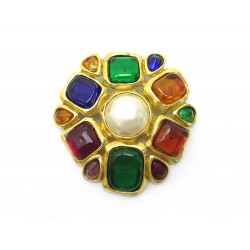 BROCHE CHANEL METAL DORE PIERRES MULTICOLORE 