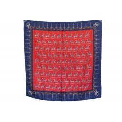 FOULARD HERMES LES ARTIFICIERS MICHEL DUCHENE EN SOIE BLEU ET ROUGE + BOITE 375€