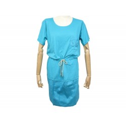 NEUF ROBE HERMES POCHE BRODEE M 38 EN COTON BLEU EGEE TURQUOISE DRESS 500€