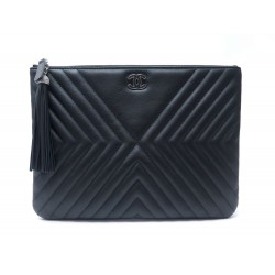 NEUF SAC POCHETTE CHANEL CUIR CHEVRON NOIR + BOITE TROUSSE LEATHER CLUTCH 1250€