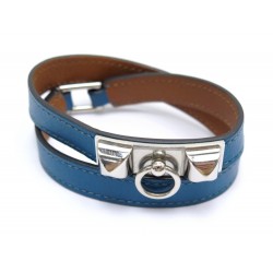 BRACELET HERMES RIVALE DOUBLE TOUR T18 M EN CUIR BOX BLEU ET CLOUS MEDOR 480€