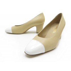 NEUF CHAUSSURES CHANEL ESCARPINS G31749 38 EN CUIR BEIGE + BOITE PUMP SHOES 920€