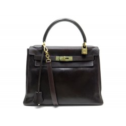 VINTAGE SAC A MAIN HERMES KELLY 28 BANDOULIERE EN CUIR BOX MARRON HAND BAG 7300€