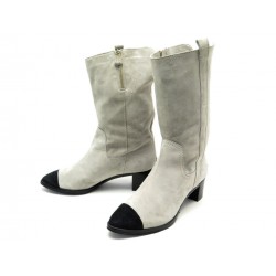 CHAUSSURES CHANEL CC COWBOY BOOTS G26068 38.5 BOTTINES TALONS VELOURS GRIS 1160€