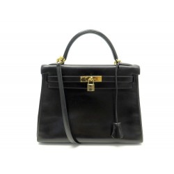 SAC HERMES KELLY 32 CUIR NOIR + BANDOULIERE 