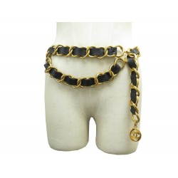 CEINTURE CHANEL GRAND MAILLONS LOGO CC T 75-100 CHAINE METAL DORE ET CUIR 1200€