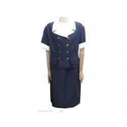 TAILLEUR CHANEL CHEMISIER ET JUPE BOUTONS LOGO CC T42 L COTON BLEU MARINE 6500€