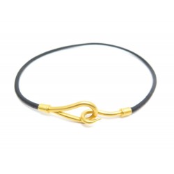 NEUF COLLIER HERMES JUMBO 38 CM CUIR NOIR PLAQUE OR BRACELET DOUBLE TOUR 261€