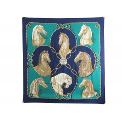 NEUF VINTAGE FOULARD HERMES BRIDES LEGERES 1974 EN SOIE BLEU SILK SCARF 375€