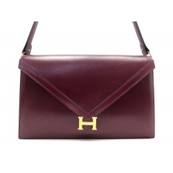 VINTAGE SAC A MAIN HERMES LYDIE EN CUIR BOX BORDEAUX BURGUNDY LEATHER HAND BAG