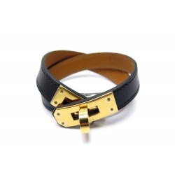 NEUF BRACELET HERMES KELLY DOUBLE TOUR 16.5 CM CUIR BOX NOIR & PLAQUE OR 455€