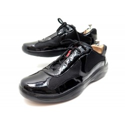 NEUF CHAUSSURES PRADA BASKETS 9 IT 44 FR EN CUIR VERNIS NOIR SNEAKERS SHOES 490€