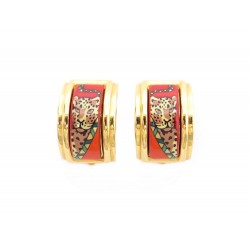 NEUF BOUCLES D'OREILLES HERMES EMAIL IMPRIME LEOPARD PLAQUE OR EARRINGS 500€