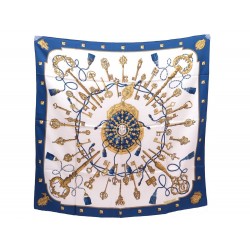 FOULARD HERMES LES CLES CARRE 90 PAR CATHY LATHAM EN SOIE BLEU SILK SCARF 375€