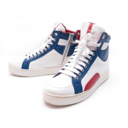 CHAUSSURES PRADA HIGH TOP SNEAKERS 5870 CUIR BLANC BLEU ROUGE