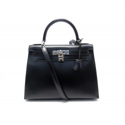 SAC A MAIN HERMES KELLY 28 SELLIER CUIR BOX NOIR PALLADIE BANDOULIERE HAND BAG