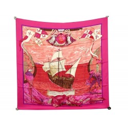 NEUF FOULARD HERMES CHRISTOPHE COLOMB DECOUVRE L AMERIQUE SOIE ROSE SCARF 375€