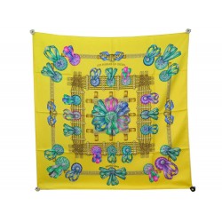 FOULARD HERMES LES RUBANS DU CHEVAL PAR JOACHIM METZ SOIE JAUNE SILK SCARF 375€