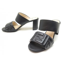 CHAUSSURES FENDI MULES A TALONS 38.5 IT 39.FR CUIR LOGO NOIR + BOITE SANDAL 620€