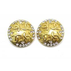 NEUF VINTAGE BOUCLES D'OREILLES CHANEL 1984 LOGO CC & STRASS DORE EARRINGS 590€