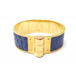 BRACELET HERMES CHARNIERE M 18CM METAL DORE ET CUIR CROCODILE BLEU JEWEL 700€