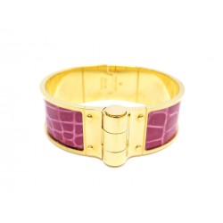 BRACELET HERMES CHARNIERE M 18CM METAL DORE ET CUIR CROCODILE ROSE JEWEL 700€