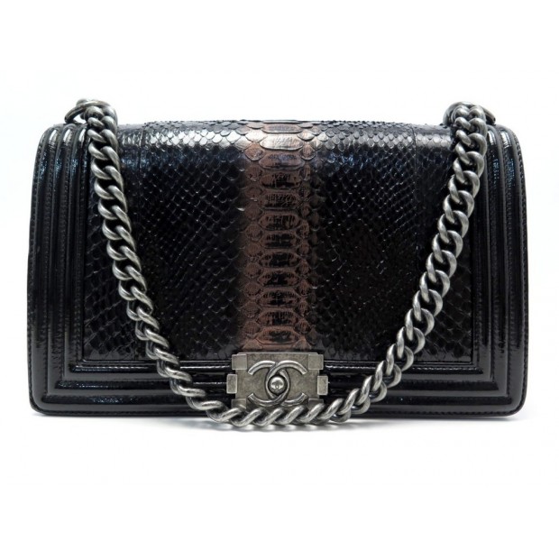 NEUF SAC A MAIN CHANEL BOY BANDOULIERE EN CUIR VERNI & PYTHON NOIR HANDBAG 8000€