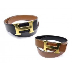 CEINTURE HERMES BOUCLE H ET LIEN REVERSIBLE T85 EN CUIR BOX NOIR ET MARRON 640€