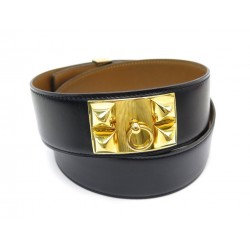 CEINTURE HERMES MEDOR COLLIER DE CHIEN T76 CUIR BOX NOIR BOUCLE DOREE BELT 1780€