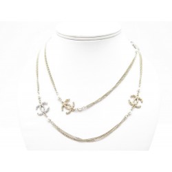 NEUF COLLIER CHANEL SAUTOIR LOGO CC & PERLES 114 CM EN METAL DORE NECKLACE 1450€