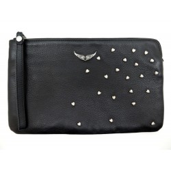 NEUF POCHETTE ZADIG & VOLTAIRE UMA HEART WHAP4029F CUIR GRAINE NOIR POUCH 185€