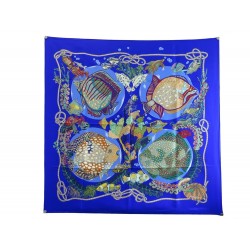 NEUF FOULARD HERMES GRANDS FONDS ANNIE FAIVRE CARRE 90 SOIE BLEU SILK SCARF 375€